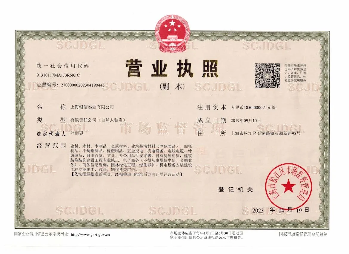 Business license certificate, Chinese version